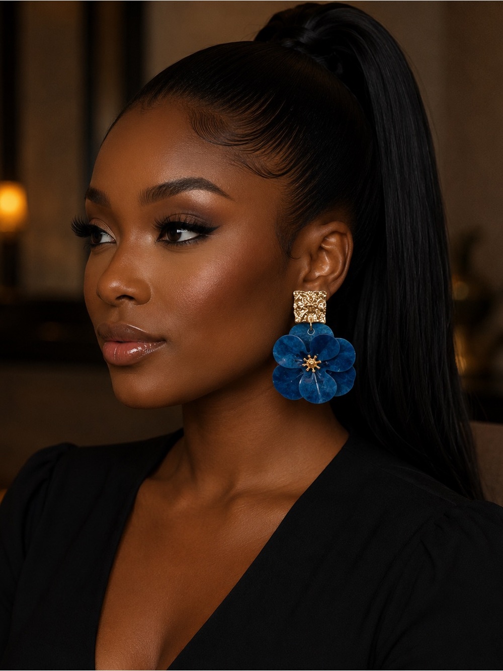 Gold-Accent Blue Floral Drop Earrings - Women Jewelry